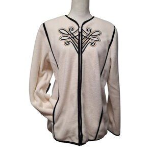 Bob‎ Mackie Full Zip Fleece Jacket Ivory Black Embroidered Pockets Womens Small